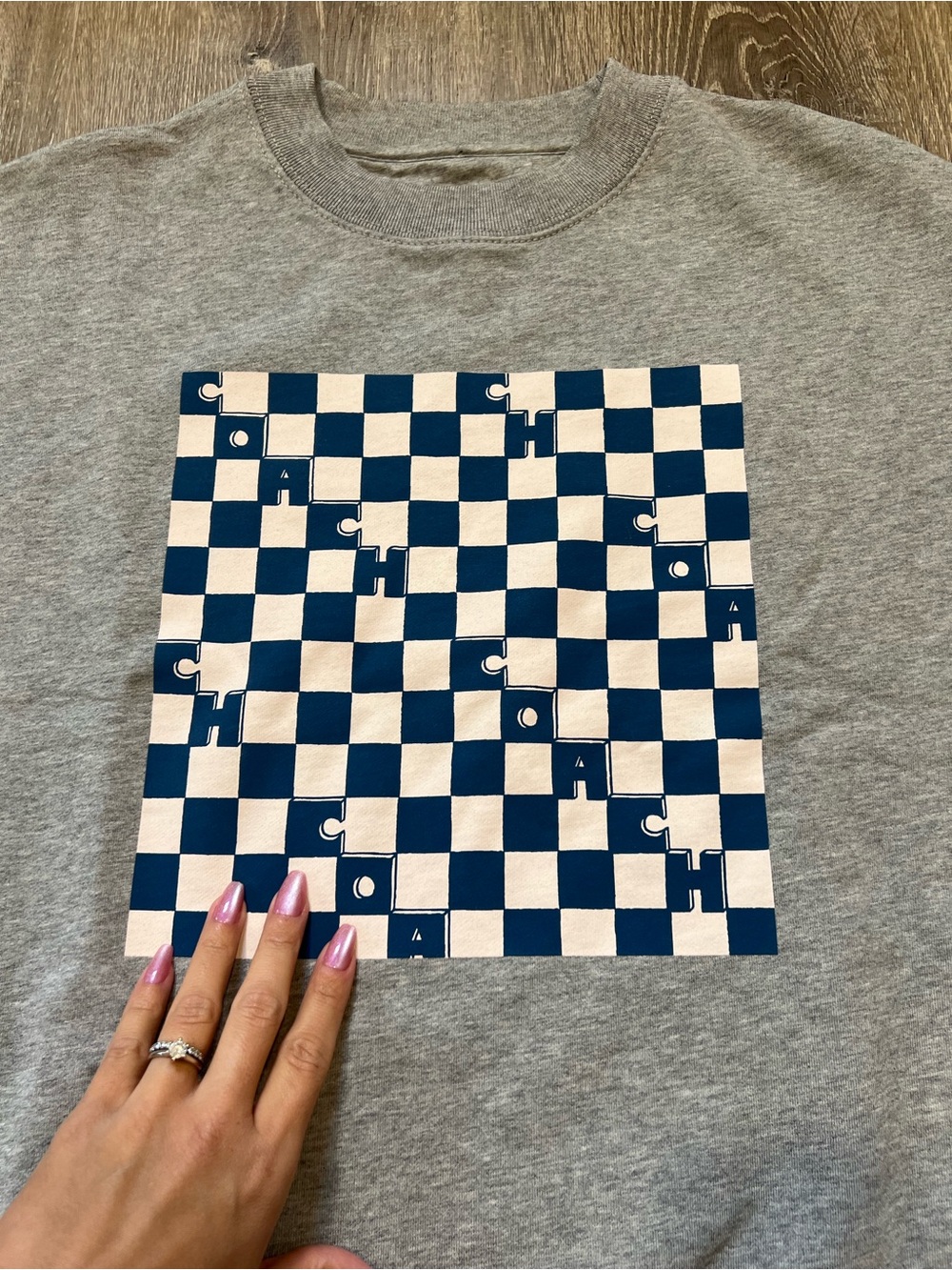 Coach Gray Crewneck with Blue & Cream Checkerboard Game Graphic